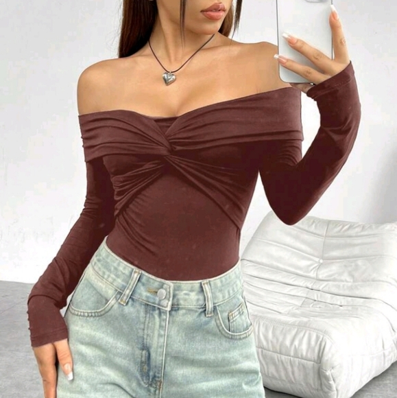 Brown Knitted Off-Shoulder Women's Bodysuit - Picture 3 of 4